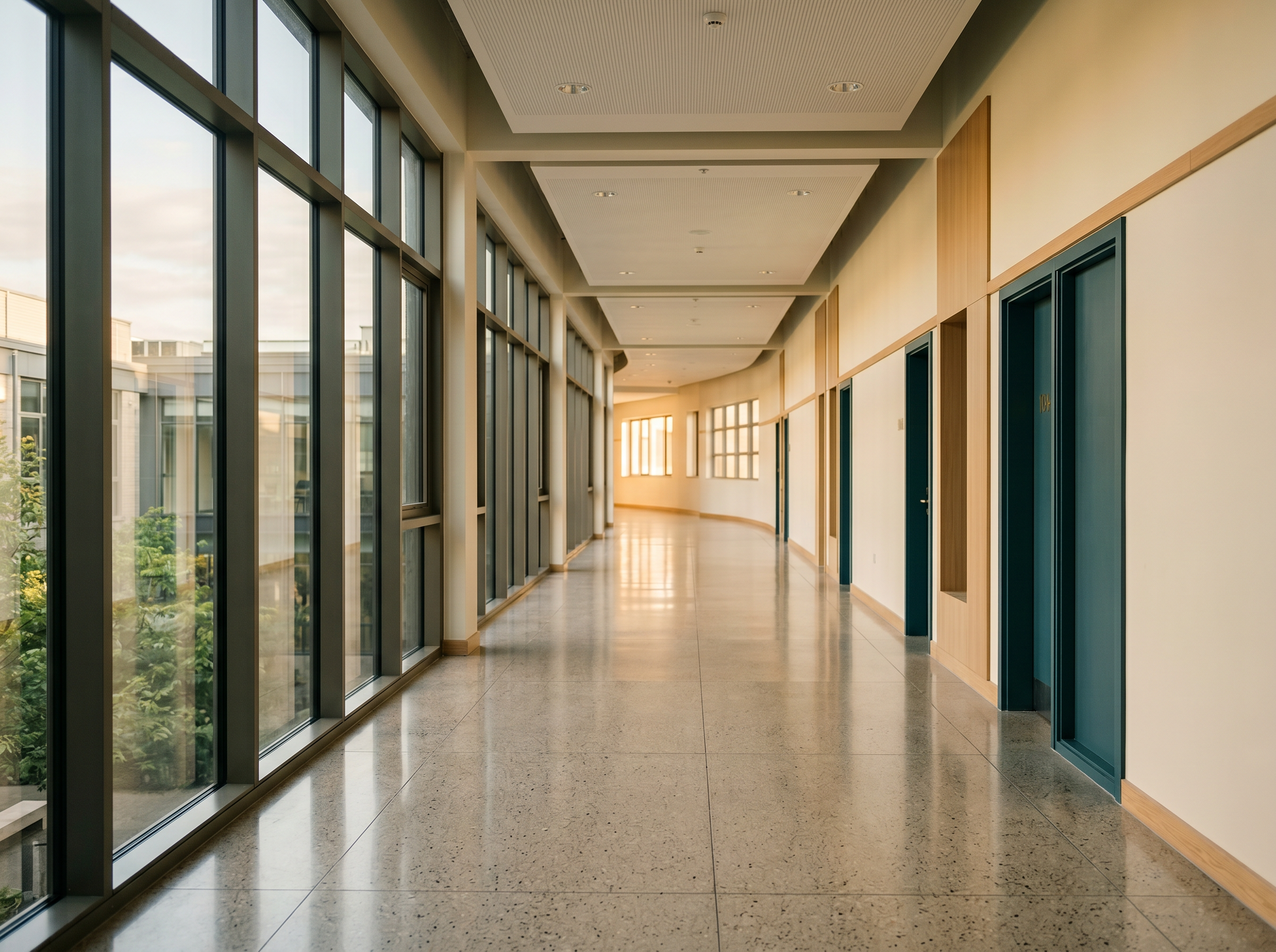 A modern school hallway with morning sunlight